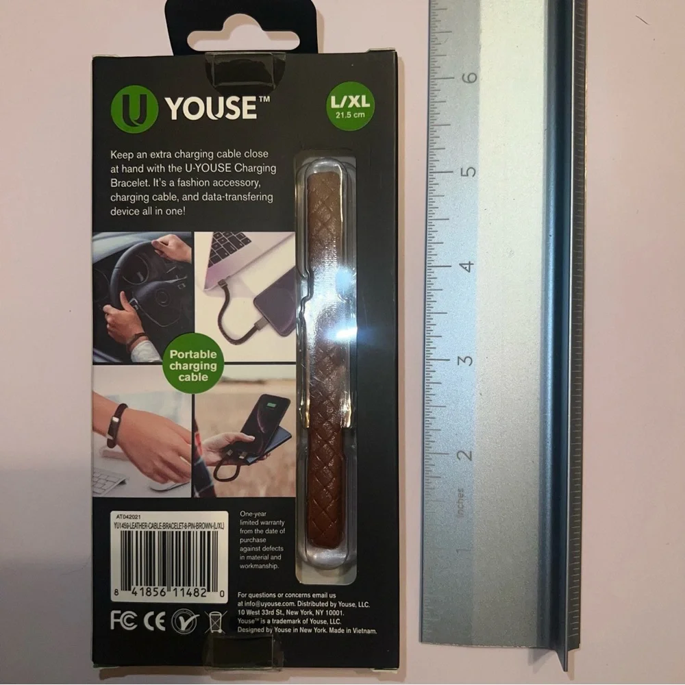 🆕YOUSE 8‑Pin Portable Charging Bracelet – Brown L/XL – New Sealed